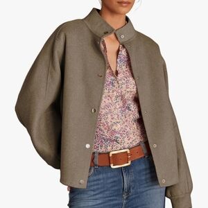 PUWEI Women's Cropped Pea Coat Stand Collar Single Breasted Size L